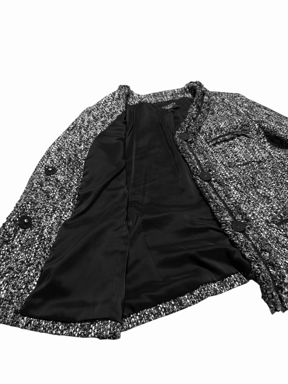 Talbots Petite Tweed Jacket Blazer Black White Fringe Trim Size 10P - Picture 4 of 7